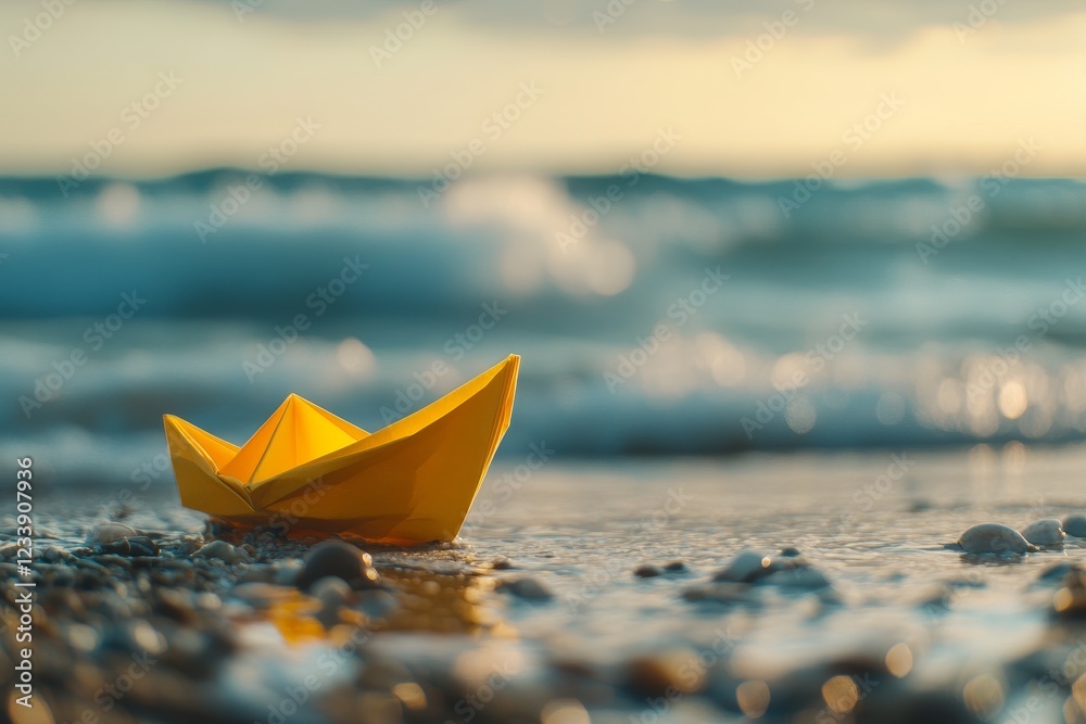 Yellow paper boat floats on beach, ocean waves background, sunset, hope Yellow paper boat floats on beach, ocean waves background, sunset, hope