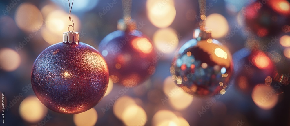 Close-up of Christmas baubles hanging with blurred festive lights in background Close-up of Christmas baubles hanging with blurred festive lights in background