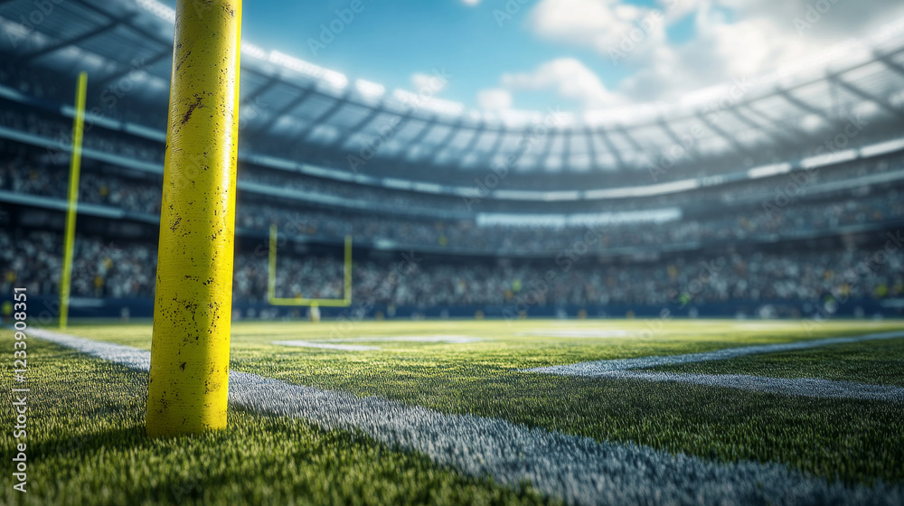 American football arena with yellow goal post, grass field and blurred fans at playground view. 3D render. Flashlights. Concept of outdoot sport, football, championship, match, game space American football arena with yellow goal post, grass field and blurred fans at playground view. 3D render. Flashlights. Concept of outdoot sport, football, championship, match, game space