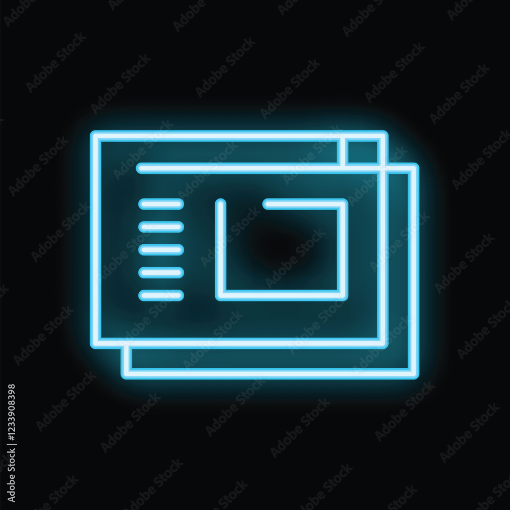 Neon blue icon of multiple overlapping layout design files glowing on black background Neon blue icon of multiple overlapping layout design files glowing on black background