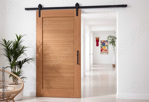 Sliding oak barn door offers a glimpse into an airy modern home corridor