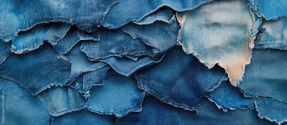 Naklejka premium Textured background of layered denim fabric pieces in various shades of blue, ideal for textile design and fashion projects. Copy Space