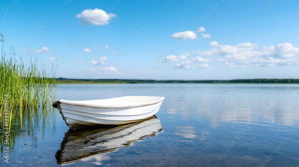 White rowboat on calm lake, reeds in foreground, blue sky White rowboat on calm lake, reeds in foreground, blue sky
