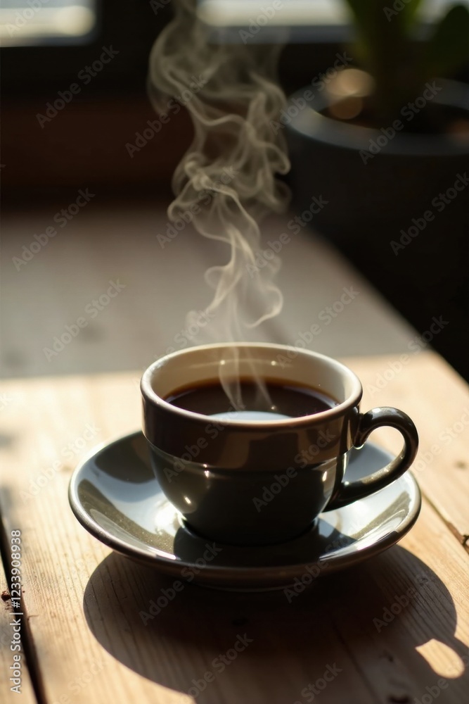 Fototapeta premium Aromatic Dark Roast Coffee Steaming in a Grey Cup on Rustic Wooden Table