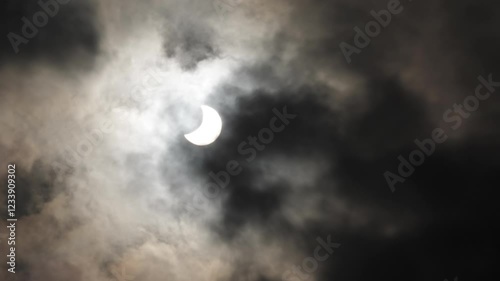 Solar eclipse, black clouds cover the moon