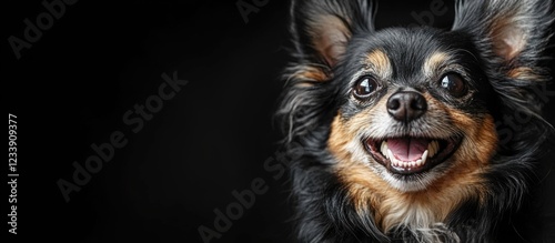 Happy Chihuahua Dog Portrait on Black Background with Copy Space for Text