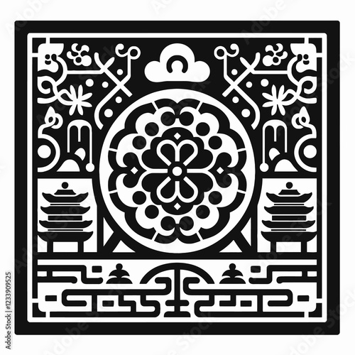 Traditional Chinese ornate black and white decorative pattern.