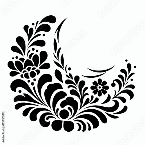 Black floral pattern with leaves and flowers in a curved design.