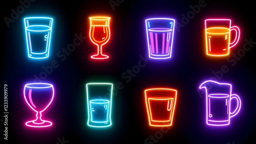 Neon glass icons on black background