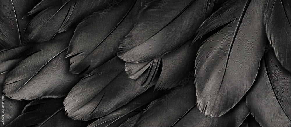 Obraz premium Black bird feathers background with texture details and smooth surfaces ideal for abstract design or nature themes Copy Space