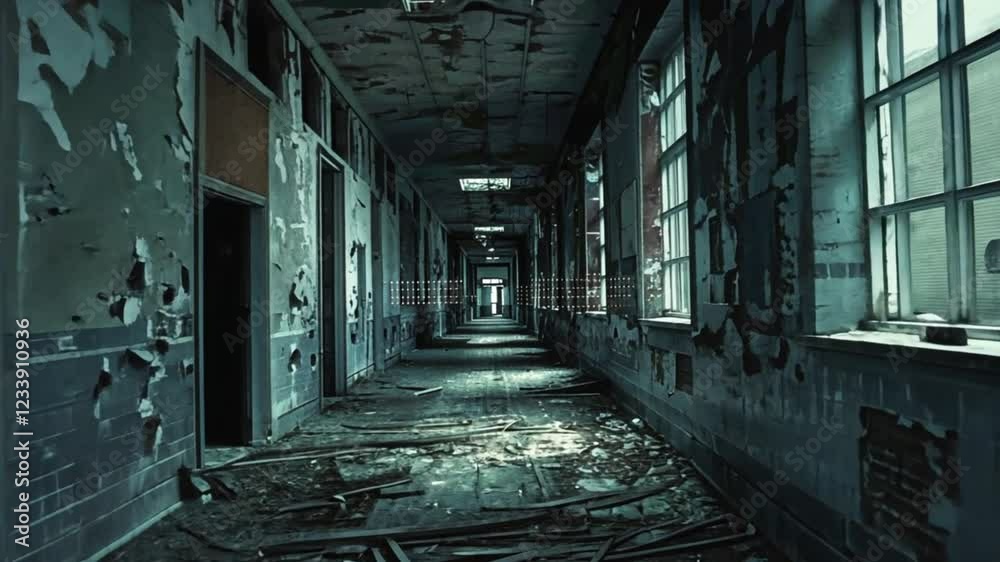 Deep inside an abandoned building, a long dark hallway evokes feelings of mystery and decay.