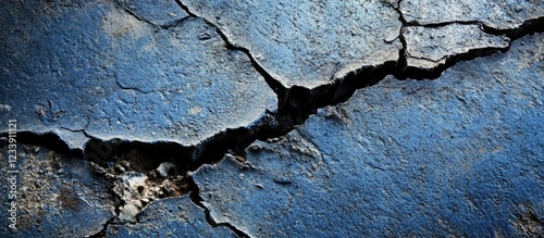 Cracked blue concrete surface with texture details and natural erosion patterns Copy Space photo