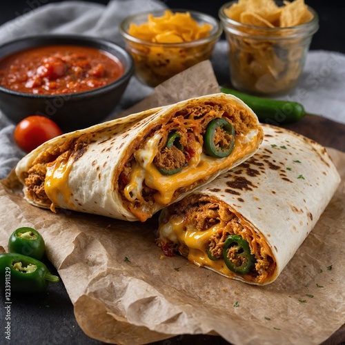 Indian street Veg roll Frankie stuffed with vegetables close-up. horizontal Delicious Chimichanga Served as a Traditional Mexican Dish for Culinary Enthusiasts
