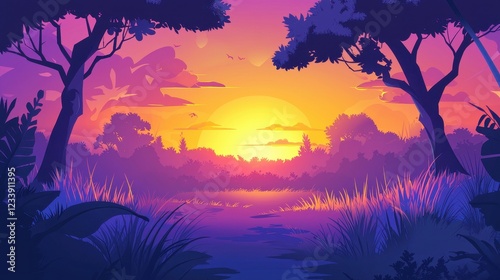 Sunset Silhouette Tropical Forest Landscape Scene
