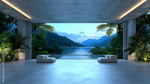 Modern villa infinity pool sunset lake view tropical design