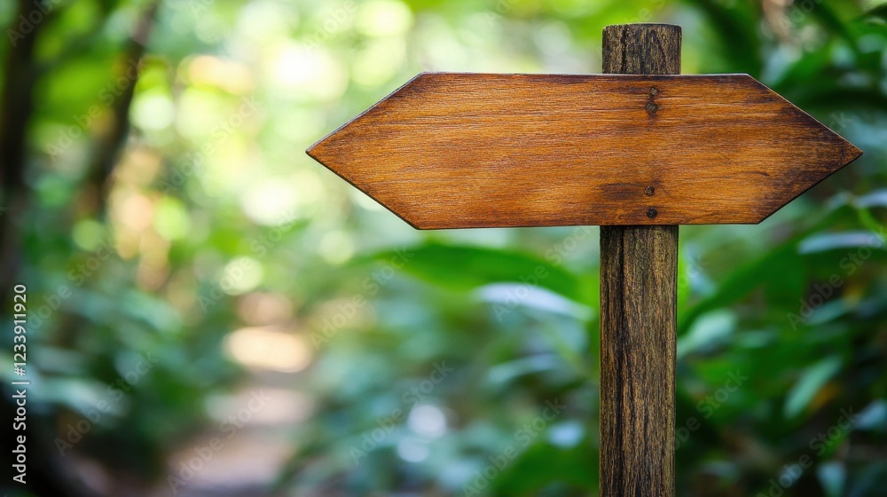 Directional Wooden Signpost Surrounded by Lush Greenery in Forest
