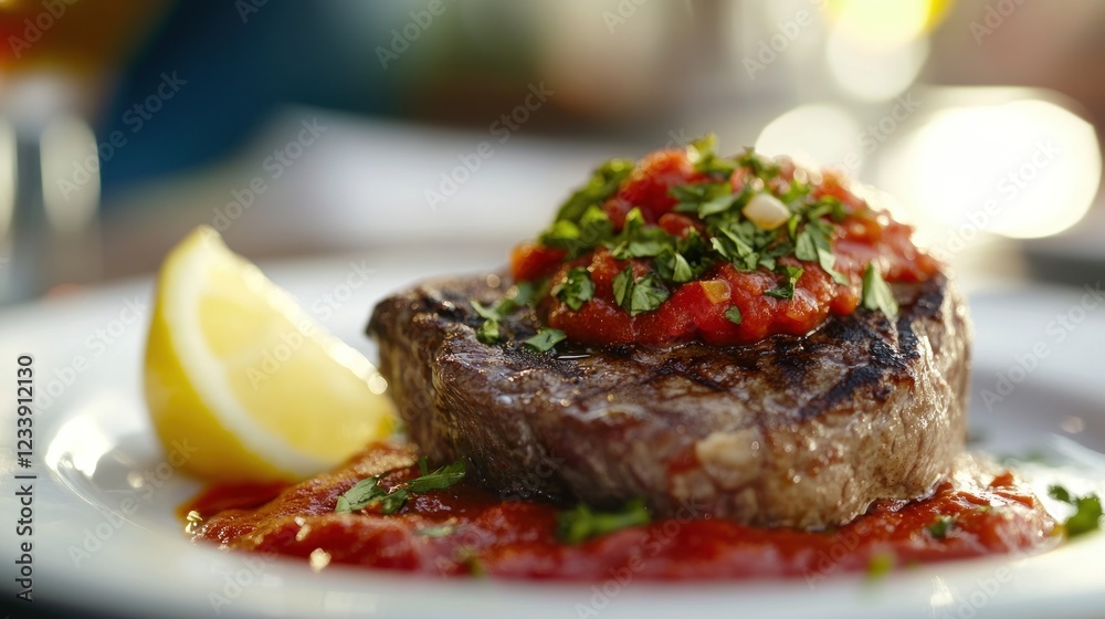 Gourmet Grilled Steak with Tomato Salsa and Lemon Garnish Gourmet Grilled Steak with Tomato Salsa and Lemon Garnish