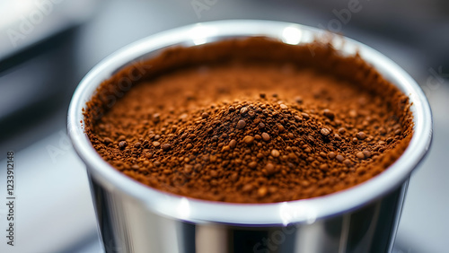 Tamped Espresso Grounds: Compact Texture and Metallic Reflections in Portafilter