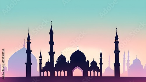 Wallpaper Mural Silhouette of a grand mosque at sunset, featuring detailed minarets and domes against a soft pastel sky. Torontodigital.ca