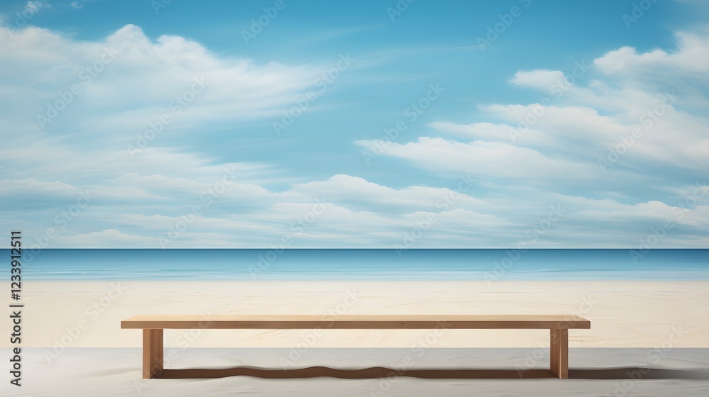 Serene Beachscape Empty Wooden Bench Facing Ocean and Sky