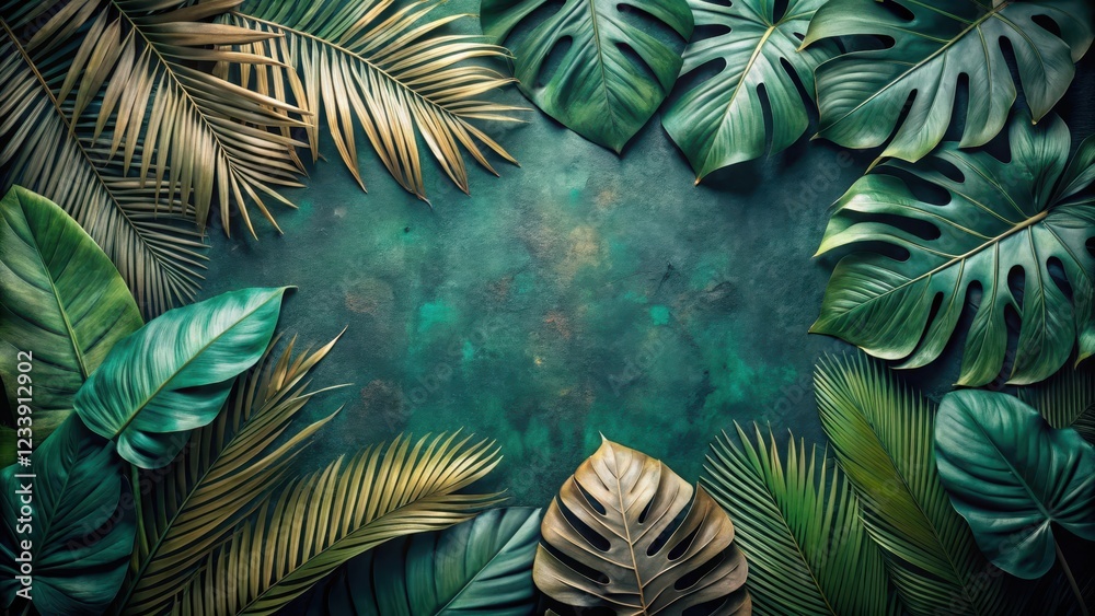 Naklejka premium Exotic tropical leaves scattered on a dark, muted green background with a faded, slightly worn look, evoking a sense of mystery and ancient forests , foliage, earthy tones