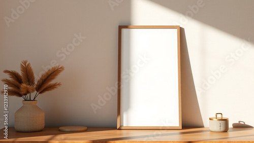 Gentle soft light, natural earth tones, empty photo frame on a desk