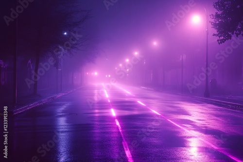 Foggy Night Street Scene Illuminated by Purple Lights