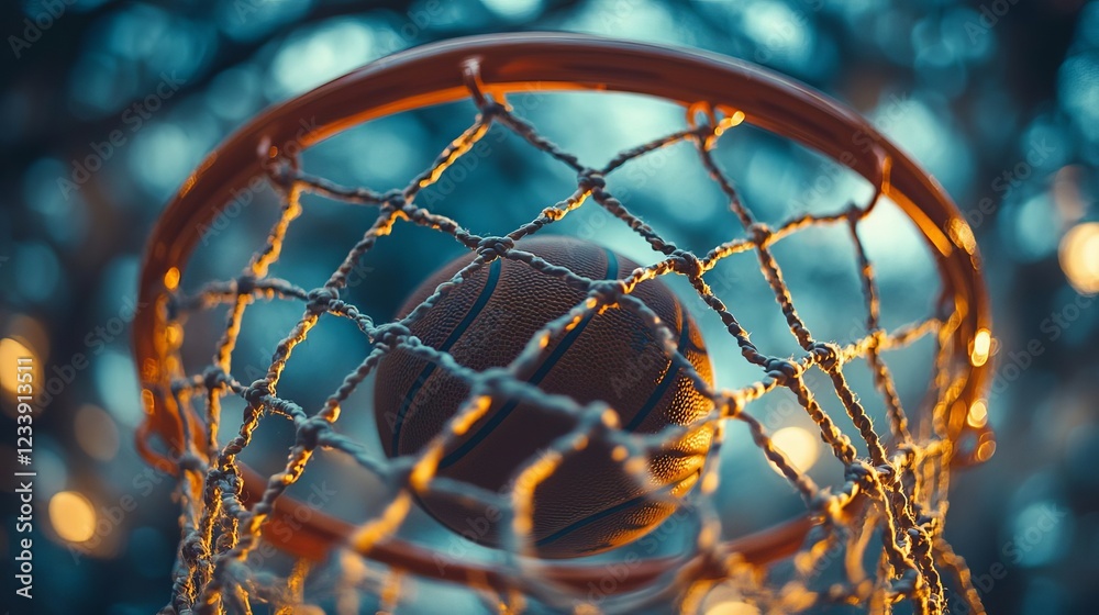 Basketball Swishing Through Net Close Up Action Shot at Dusk Basketball Swishing Through Net Close Up Action Shot at Dusk