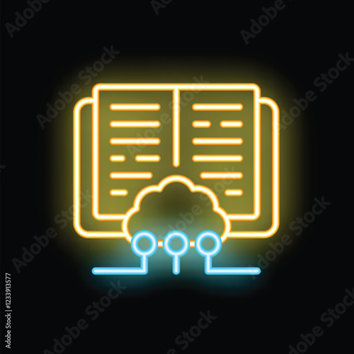 Neon icon of an open book connected to a cloud computing system, representing digital library or online education