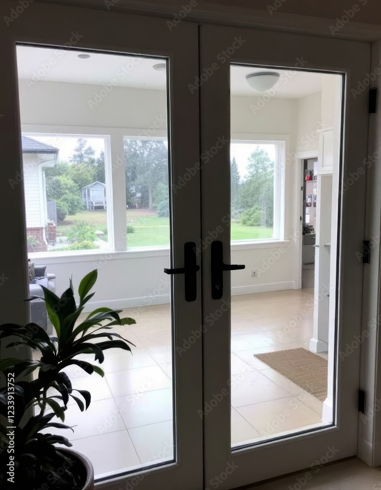 Fototapeta premium White framed double doors leading to bright sunroom with expansive backyard view