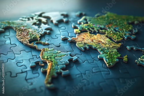 Puzzle pieces of Earth in a 3D layout, with continents vividly detailed, symbolizing globalization and integration.