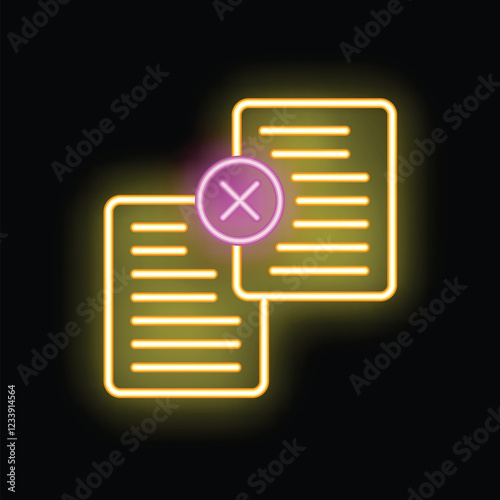 Neon icon of two documents with a delete symbol, representing the concept of data erasure
