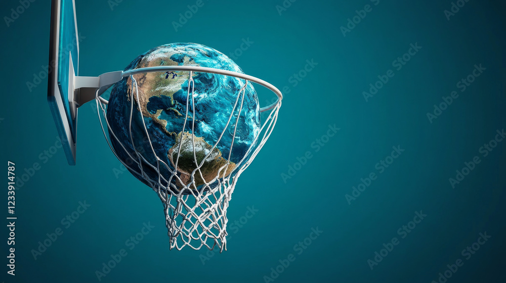 Basketball hoop with a ball in form of platen Earth. World basketball concept. 3d illustration Basketball hoop with a ball in form of platen Earth. World basketball concept. 3d illustration