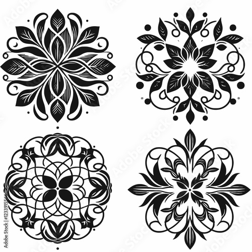 Set of four elegant black floral mandalas with intricate designs and patterns.