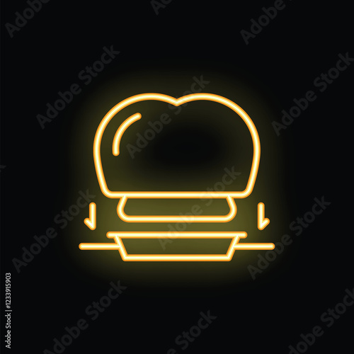 Yellow glowing neon icon of a dental crown being placed over a tooth, representing dental care and prosthetics