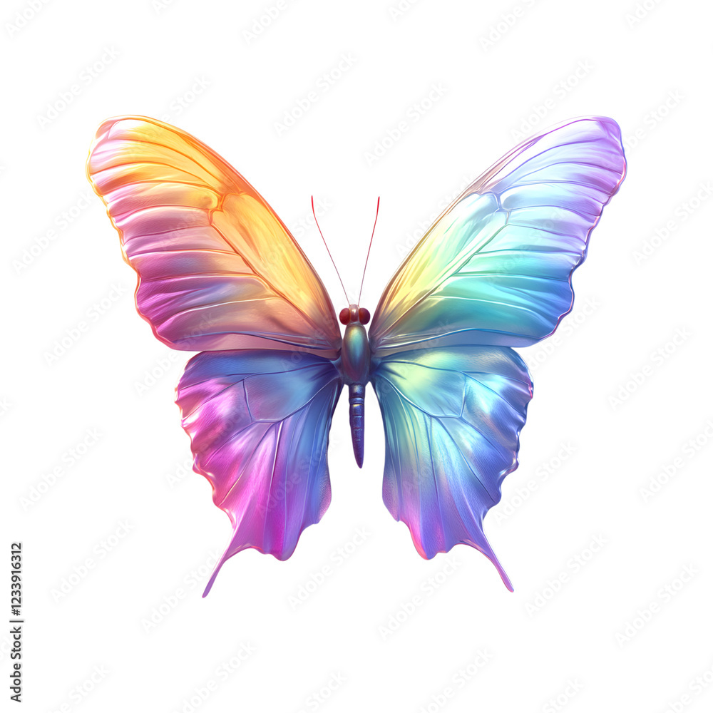 Colorful Fluffy 3D Cartoon Butterfly with Glowing Wings Isolated on Transparent Background