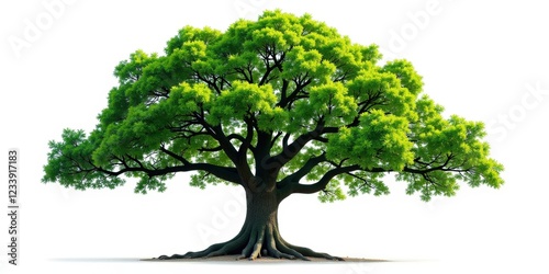 Majestic tree stands tall with a robust, textured trunk; its sprawling branches weave skyward, creating an intricate canopy of life and shadows