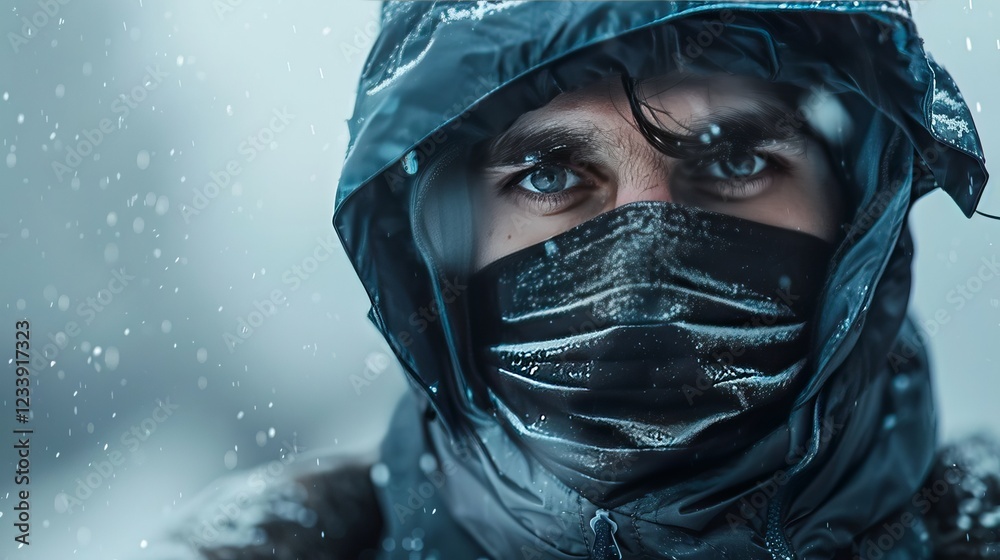 Close up Portrait of Man in a Hood and Face Mask in Snowy Weather Winter Outdoors