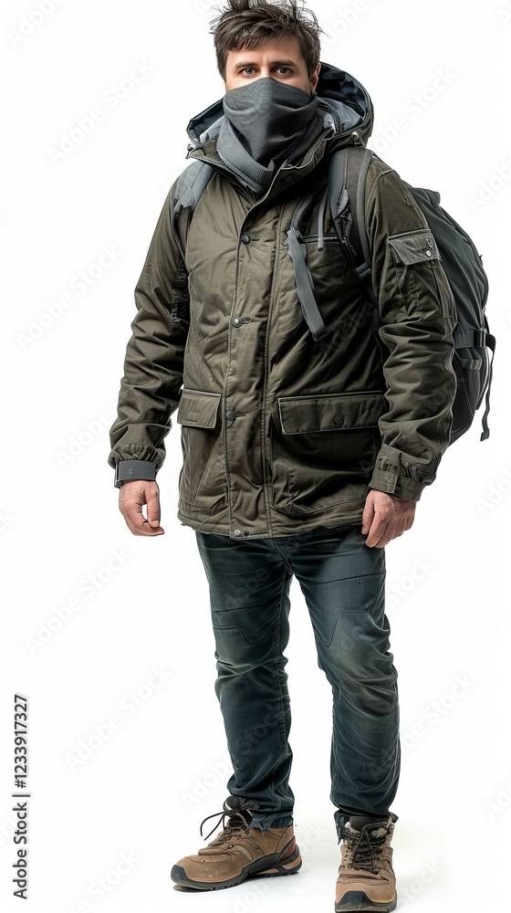 Man in Olive Green Winter Jacket with Backpack Wearing a Face Covering and Hiking Boots Man in Olive Green Winter Jacket with Backpack Wearing a Face Covering and Hiking Boots