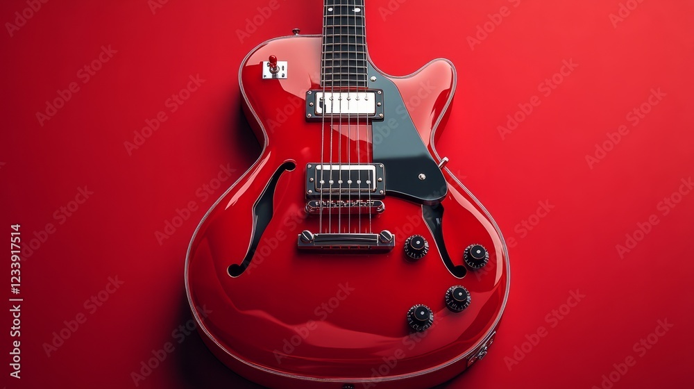 Fototapeta premium Vibrant red guitar, glossy textures, matching red background