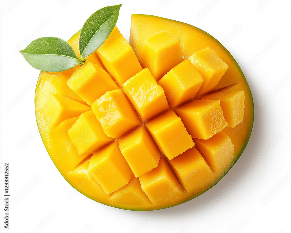Perfectly isolated mango slice with pit, focusing on color and detail.