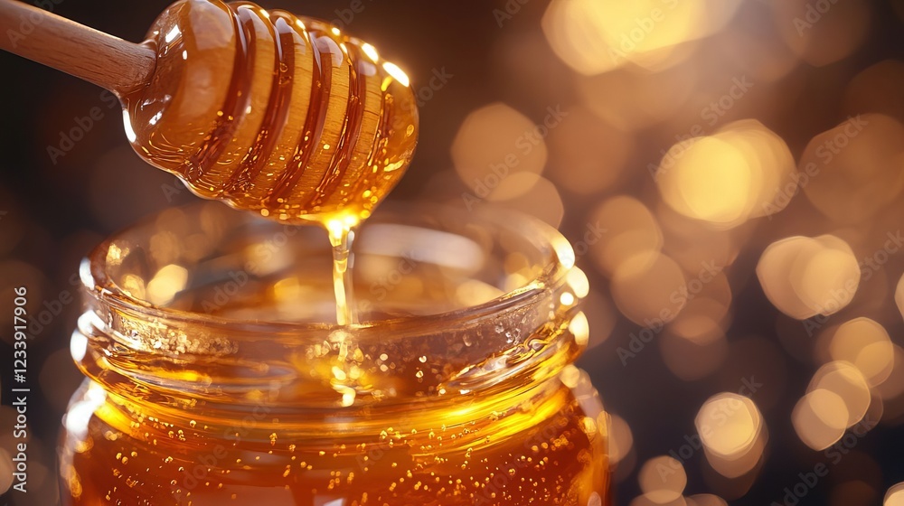 Golden Honey Dripping from Wooden Dipper into Jar Close up Sweet Food Golden Honey Dripping from Wooden Dipper into Jar Close up Sweet Food