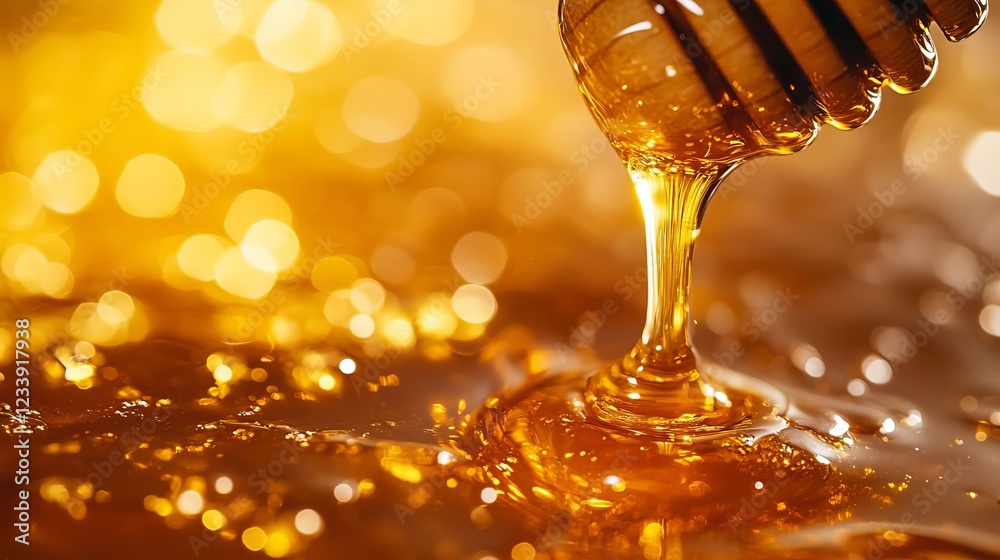 Golden Honey Pouring from Wooden Dipper Close up Macro Shot Sweet Food Background Golden Honey Pouring from Wooden Dipper Close up Macro Shot Sweet Food Background