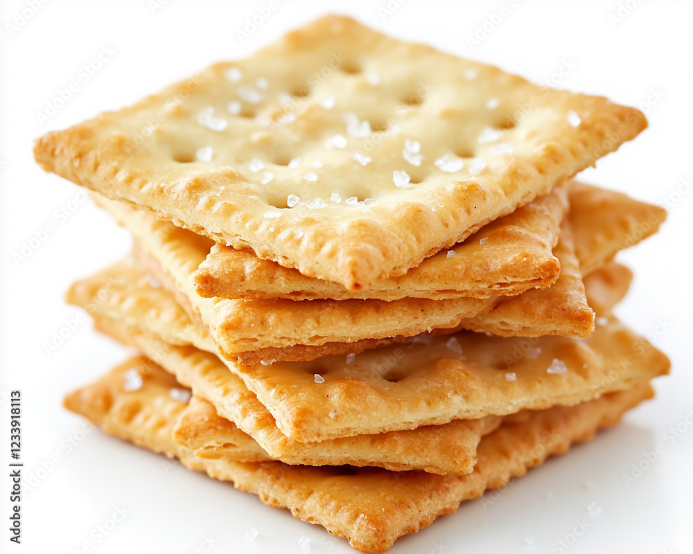Macro shot of salted crackers with detailed textures, isolated on studio white backdrop. Macro shot of salted crackers with detailed textures, isolated on studio white backdrop.