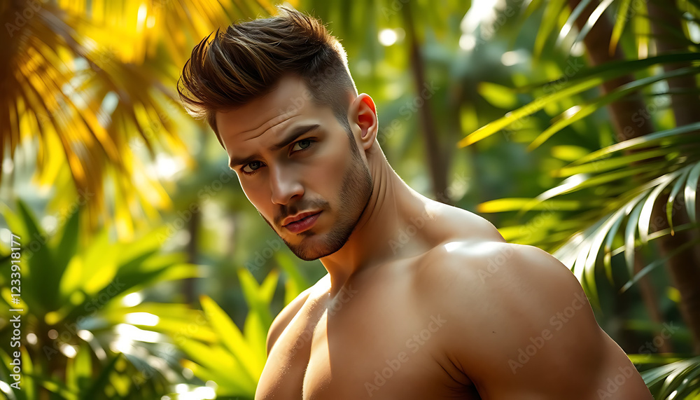 handsome man in the tropical forest handsome man in the tropical forest
