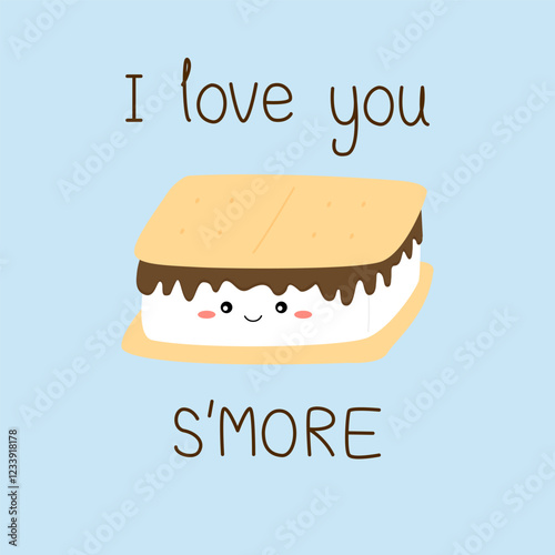 Cute cartoon s'more doodled on pastel blue background with quote "I love you S'MORE". 