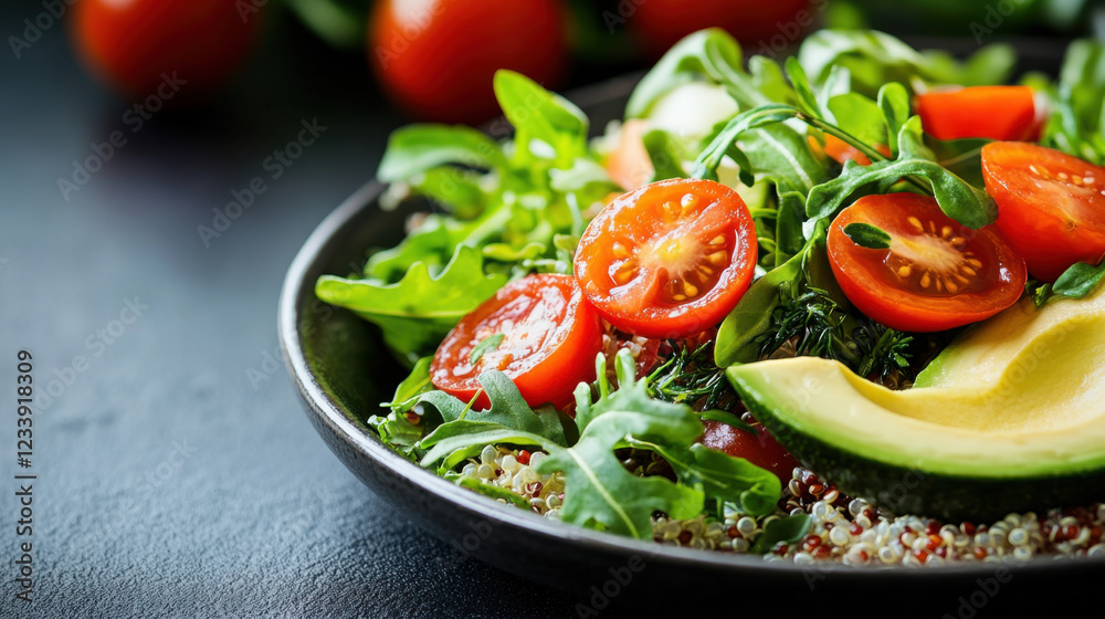Fresh salad with tomatoes, avocado, and greens on black plate Fresh salad with tomatoes, avocado, and greens on black plate