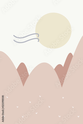 Seamless view illustrates mountains, hills and sun in beiges tone