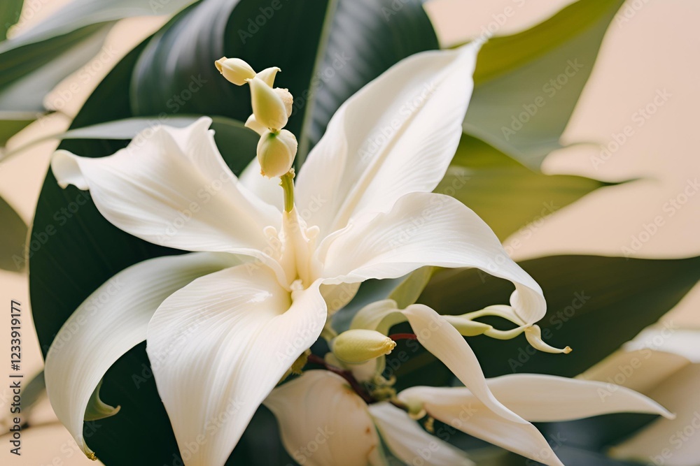 Obraz premium vanilla flower with pods and leaves isolated on transparent background