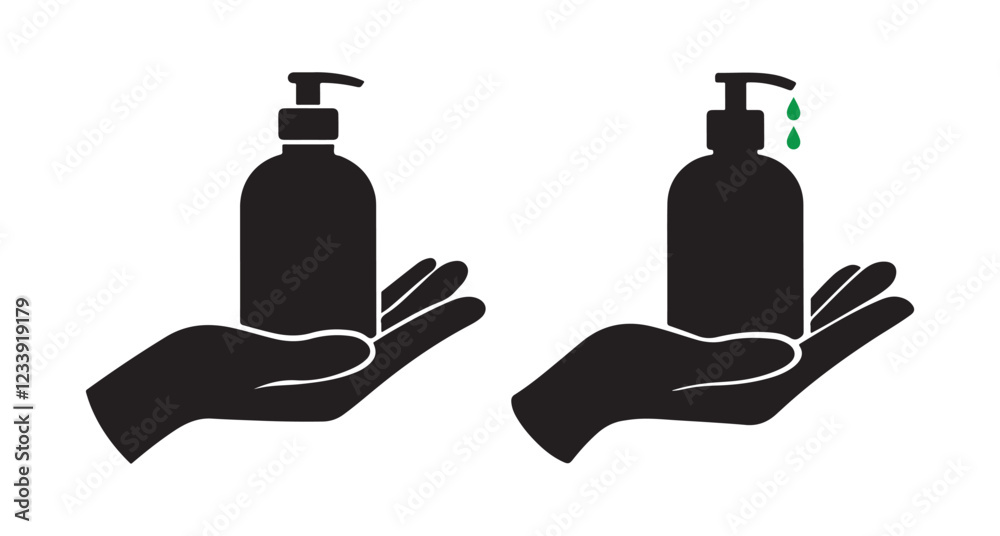 Hand sanitizer Vector illustration, Vector illustration of a silhouette of a hand holding a bottle of hand sanitizer with a white background Hand sanitizer Vector illustration, Vector illustration of a silhouette of a hand holding a bottle of hand sanitizer with a white background